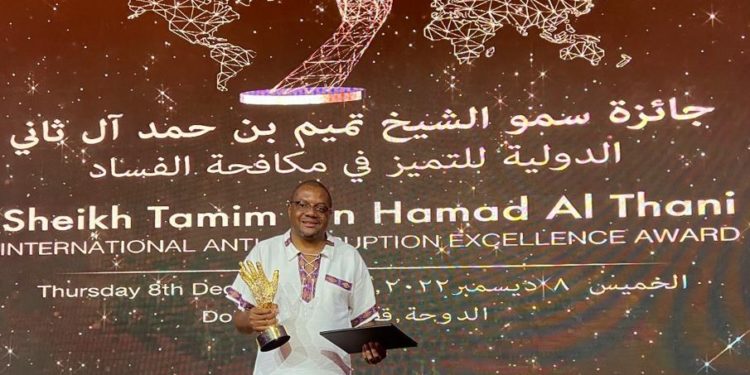 Hopewell Chin'ono displays the International Anti-corruption Award he won recently. Picture: Supplied